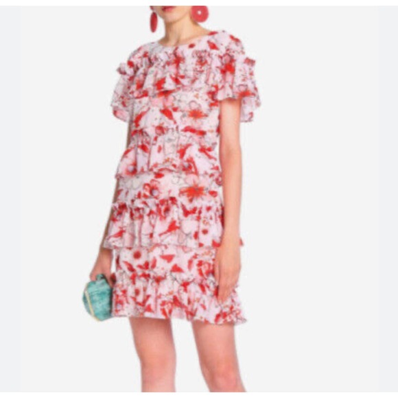 BADGLEY MISCHKA Floral Print Runway Dress SZ 2 Pink Ruffle Tiered Shift Dress - Picture 2 of 11